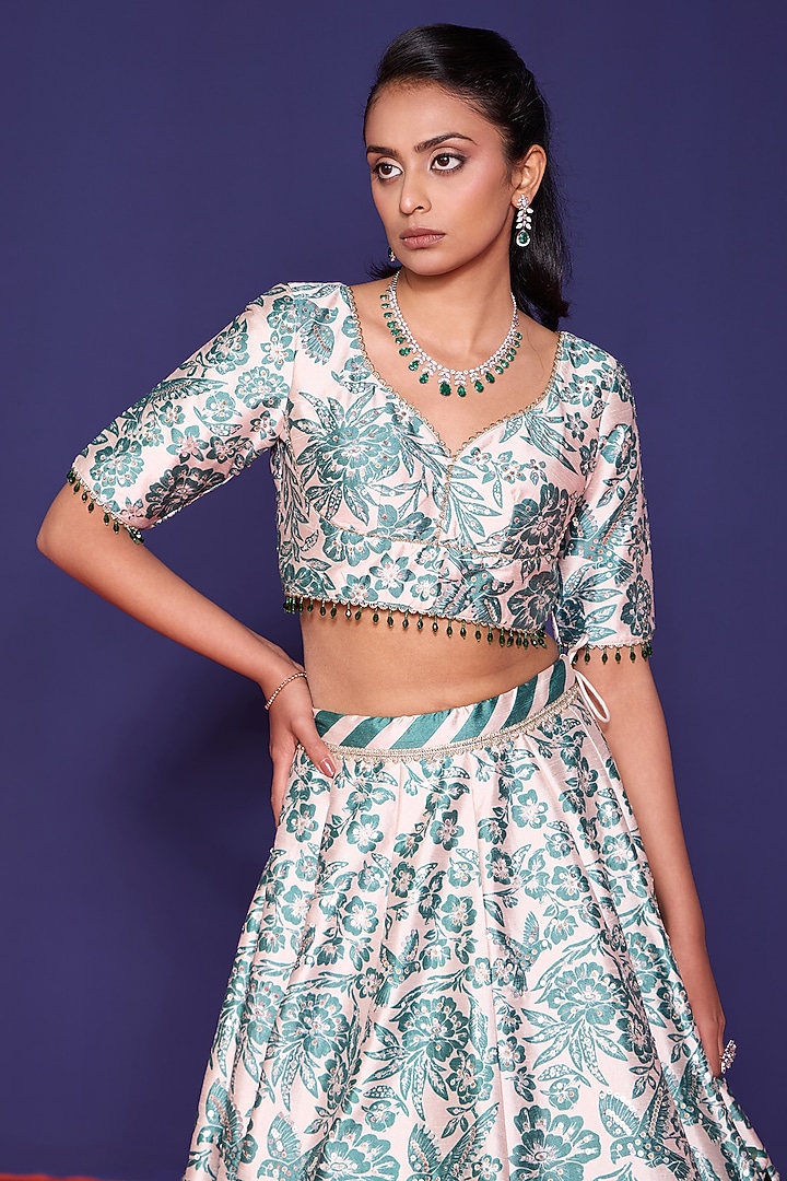 Botanical Green Silk Floral Printed Wedding Lehenga Set by RCKC AURUM at Pernia's Pop Up Shop