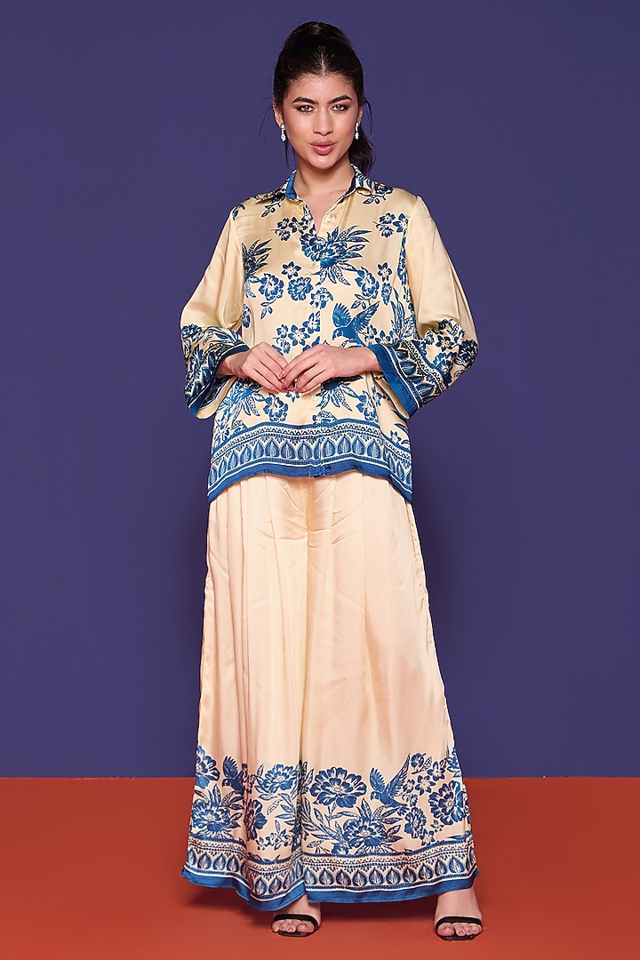 Azur Blue Satin Printed Co-Ord Set by RCKC AURUM at Pernia's Pop Up Shop