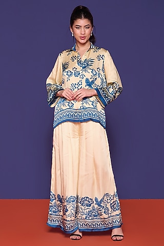 Azur Blue Satin Printed Co-Ord Set by RCKC AURUM