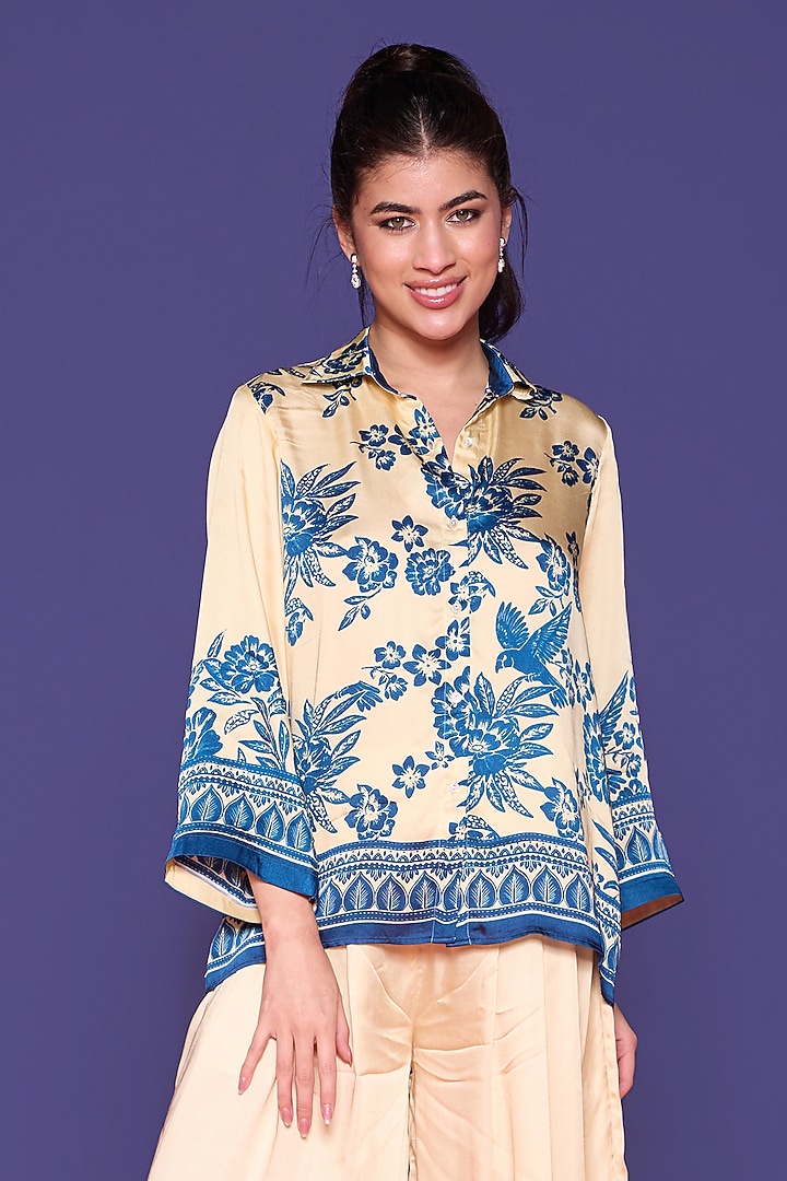Azur Blue Satin Printed Co-Ord Set by RCKC AURUM at Pernia's Pop Up Shop
