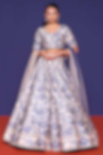 Azur Blue Silk Floral Printed & Thread Work Wedding Lehenga Set by RCKC AURUM at Pernia's Pop Up Shop