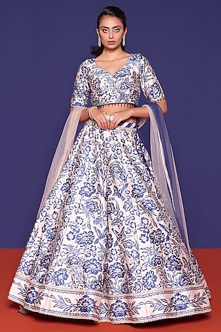 Azur Blue Silk Floral Printed & Thread Work Lehenga Set by RCKC AURUM