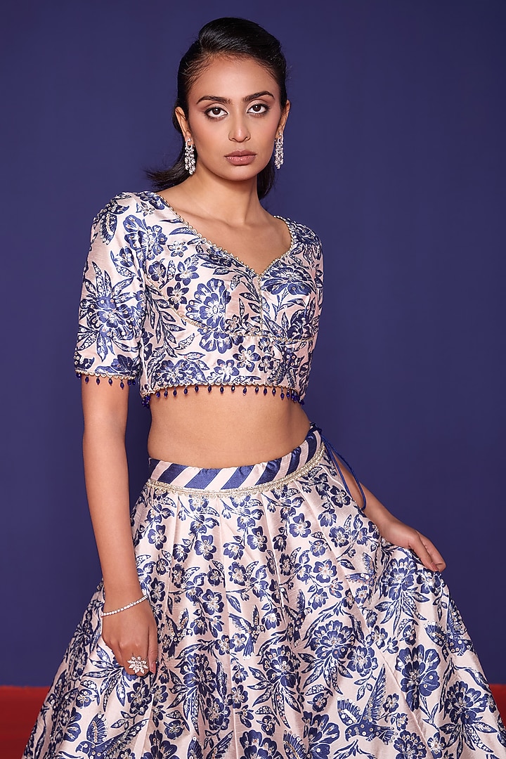 Azur Blue Silk Floral Printed & Thread Work Wedding Lehenga Set by RCKC AURUM at Pernia's Pop Up Shop
