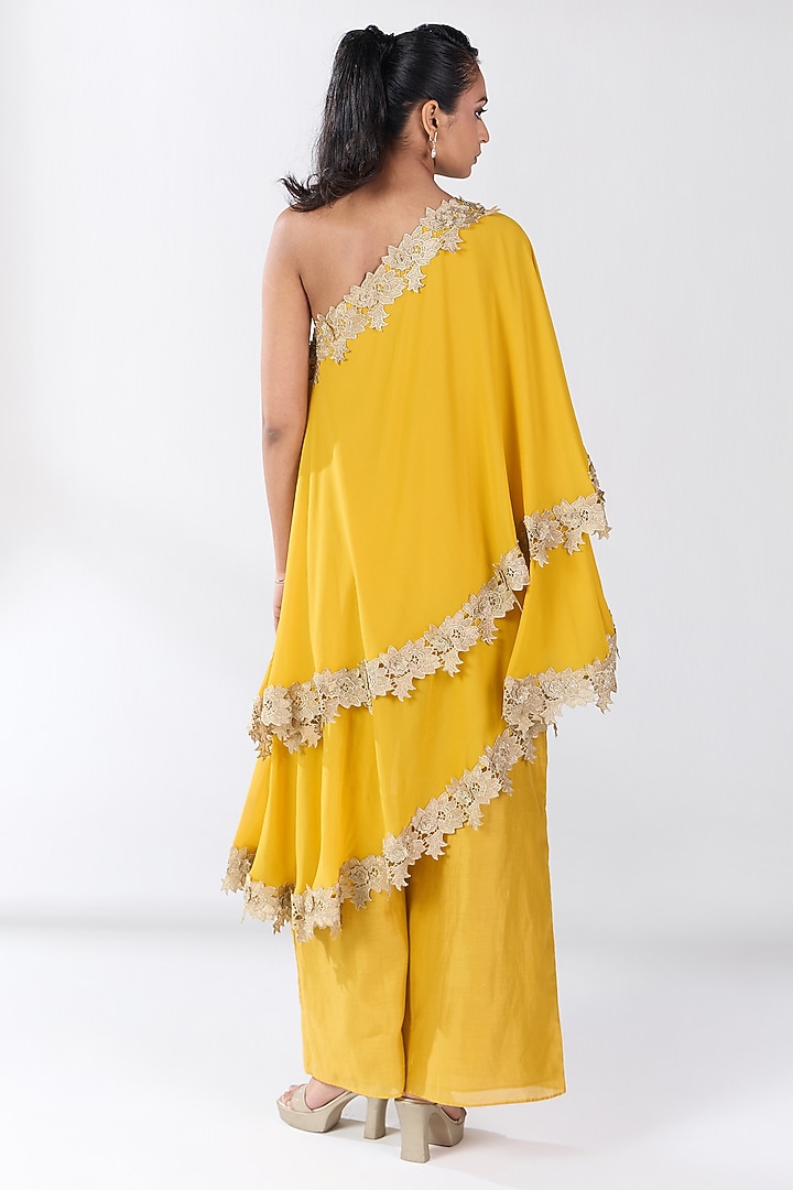 Yellow Silk Blend Georgette One-Shoulder Kaftan Set by RCKC AURUM at Pernia's Pop Up Shop