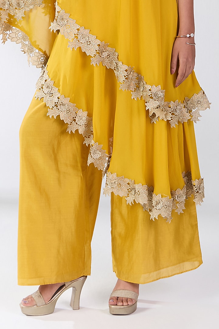 Yellow Silk Blend Georgette One-Shoulder Kaftan Set by RCKC AURUM at Pernia's Pop Up Shop