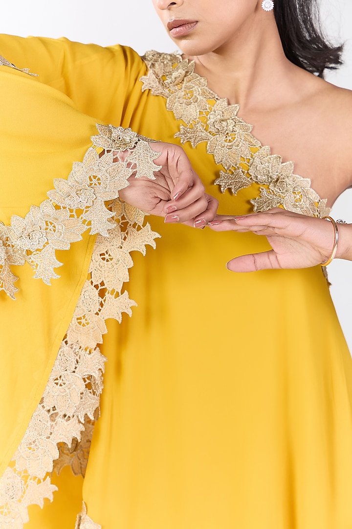 Yellow Silk Blend Georgette One-Shoulder Kaftan Set by RCKC AURUM at Pernia's Pop Up Shop