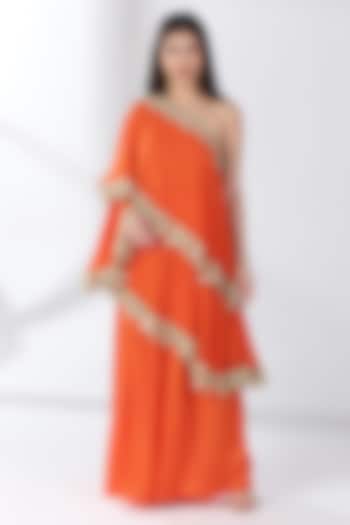Orange Silk Blend Georgette One-Shoulder Kaftan Set by RCKC AURUM at Pernia's Pop Up Shop