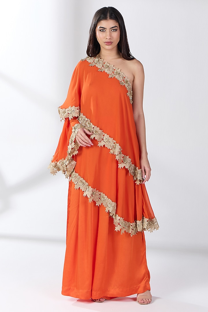 Orange Silk Blend Georgette One-Shoulder Kaftan Set by RCKC AURUM at Pernia's Pop Up Shop