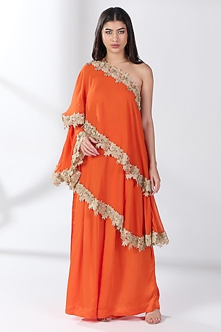 Orange Silk Blend Georgette One-Shoulder Kaftan Set by RCKC AURUM