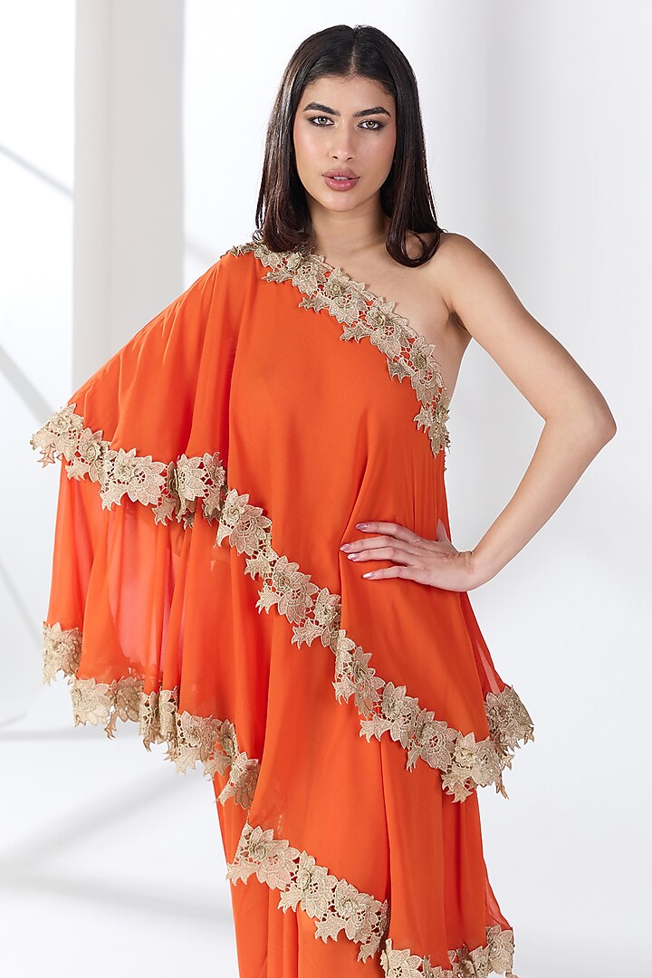 Orange Silk Blend Georgette One-Shoulder Kaftan Set by RCKC AURUM at Pernia's Pop Up Shop