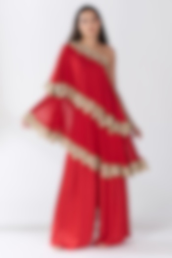 Red Silk Blend Georgette One-Shoulder Kaftan Set by RCKC AURUM at Pernia's Pop Up Shop