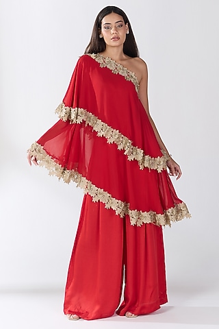 Red Silk Blend Georgette One-Shoulder Kaftan Set by RCKC AURUM