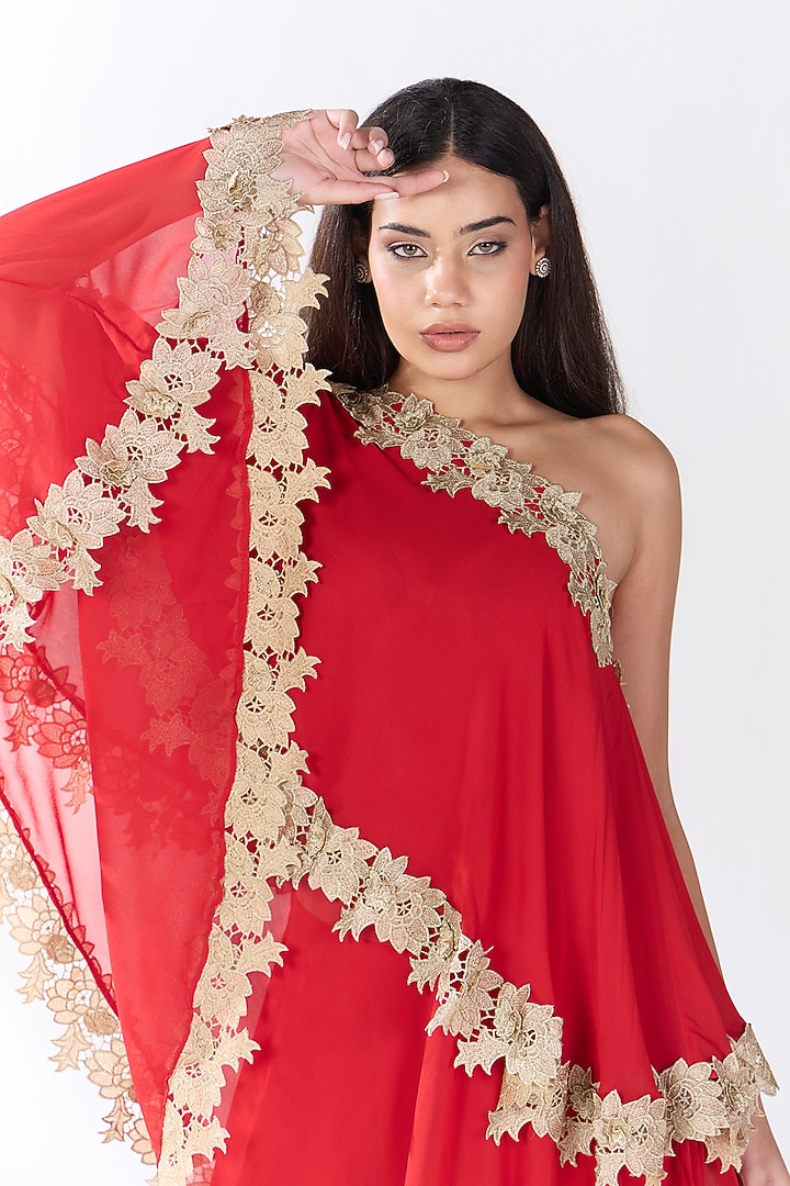 Red Silk Blend Georgette One-Shoulder Kaftan Set by RCKC AURUM at Pernia's Pop Up Shop