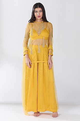 Yellow Tulle Hand Embellished Sheer Tunic Set by RCKC AURUM
