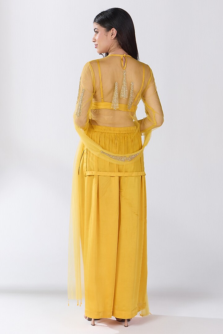 Yellow Tulle Hand Embellished Sheer Tunic Set by RCKC AURUM at Pernia's Pop Up Shop