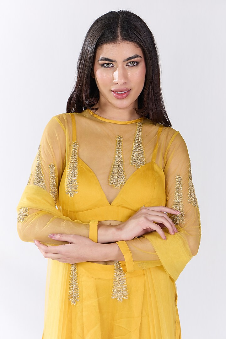 Yellow Tulle Hand Embellished Sheer Tunic Set by RCKC AURUM at Pernia's Pop Up Shop