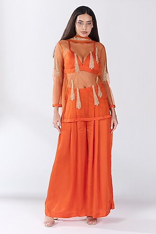 Orange Tulle Hand Embellished Sheer Tunic Set by RCKC AURUM