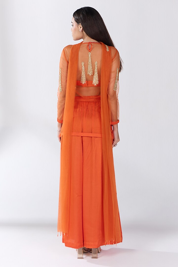 Orange Tulle Hand Embellished Sheer Tunic Set by RCKC AURUM at Pernia's Pop Up Shop
