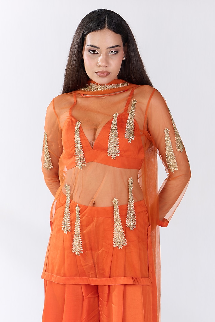 Orange Tulle Hand Embellished Sheer Tunic Set by RCKC AURUM at Pernia's Pop Up Shop