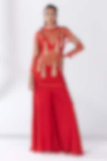 Red Tulle Hand Embellished Sheer Tunic Set by RCKC AURUM at Pernia's Pop Up Shop