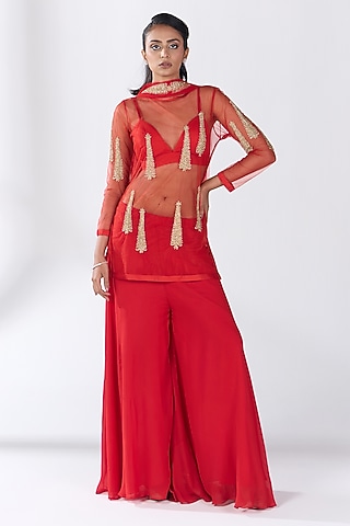 Red Tulle Hand Embellished Sheer Tunic Set by RCKC AURUM
