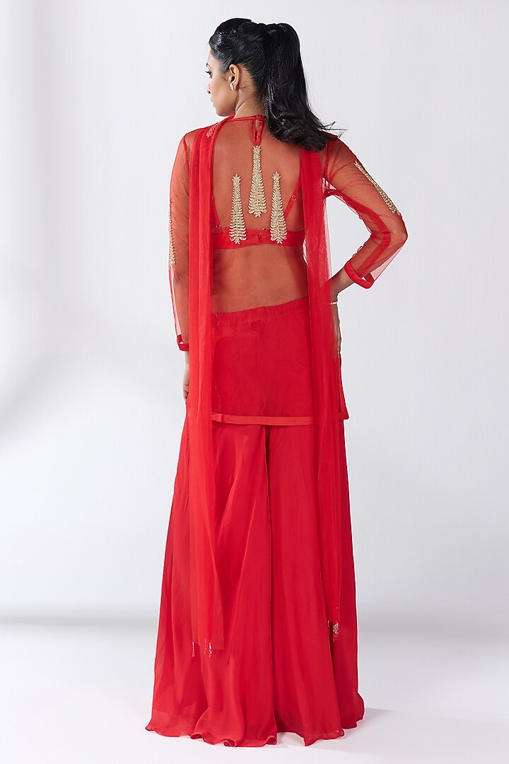 Red Tulle Hand Embellished Sheer Tunic Set by RCKC AURUM at Pernia's Pop Up Shop