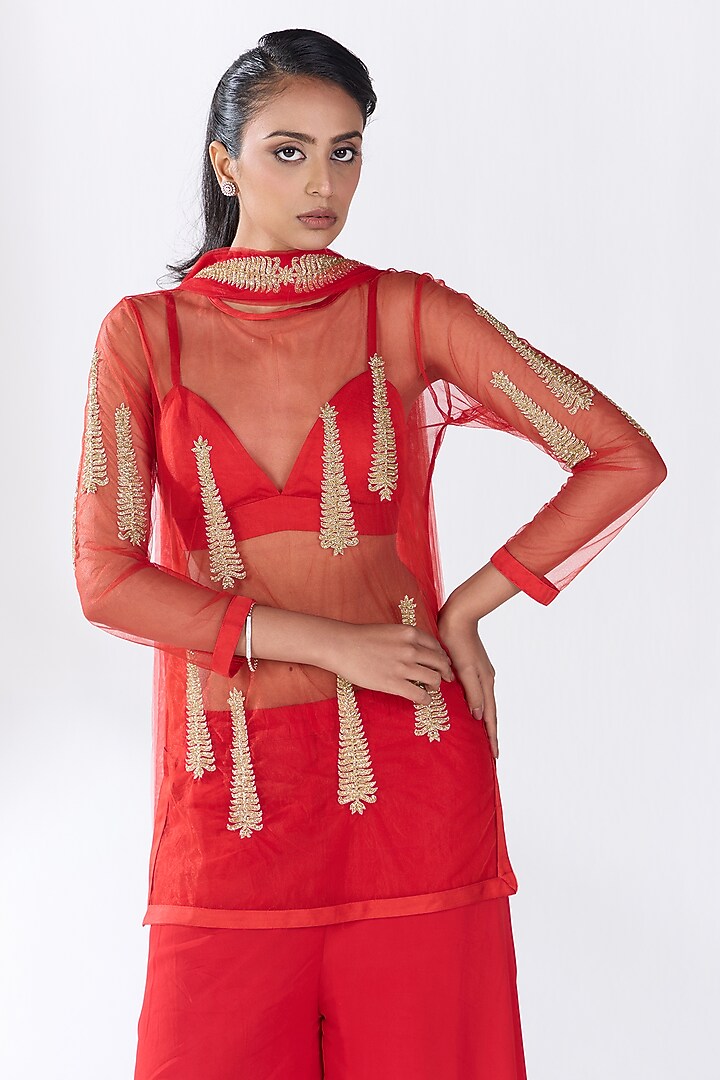 Red Tulle Hand Embellished Sheer Tunic Set by RCKC AURUM at Pernia's Pop Up Shop