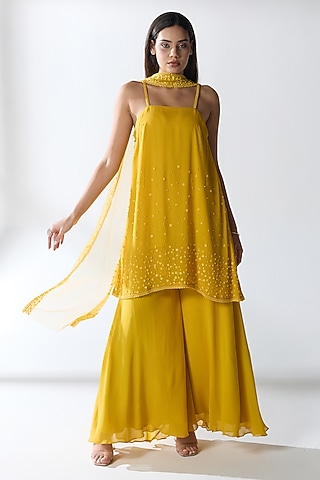 Yellow Silk Blend Georgette Hand Embellished Kurta Set by RCKC AURUM