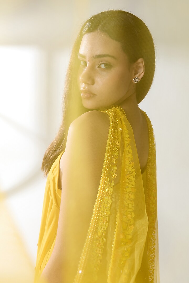 Yellow Silk Blend Georgette Hand Embellished Kurta Set by RCKC AURUM at Pernia's Pop Up Shop