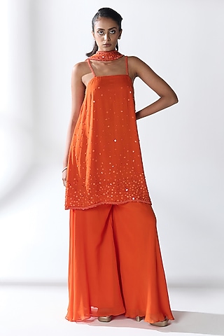 Orange Silk Blend Georgette Hand Embellished Kurta Set by RCKC AURUM