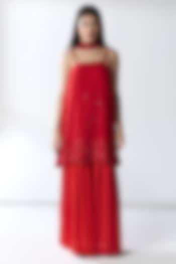 Red Silk Blend Georgette Hand Embellished Kurta Set by RCKC AURUM at Pernia's Pop Up Shop