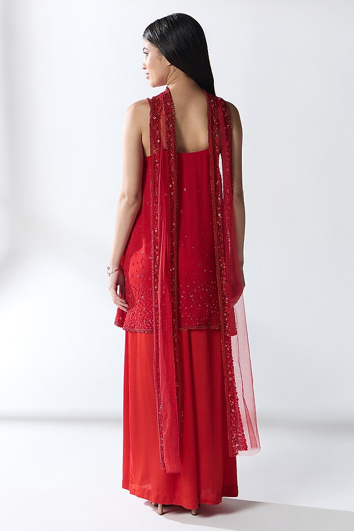 Red Silk Blend Georgette Hand Embellished Kurta Set by RCKC AURUM at Pernia's Pop Up Shop