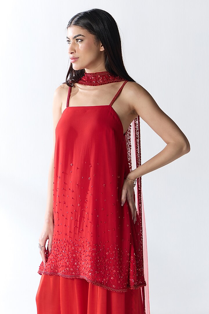 Red Silk Blend Georgette Hand Embellished Kurta Set by RCKC AURUM at Pernia's Pop Up Shop