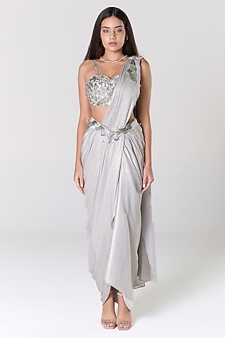 Silver Silk Blend Shimmer Georgette Draped Saree Set by RCKC AURUM