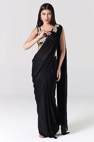 Black Silk Blend Shimmer Georgette Embroidered Draped Saree Set by RCKC AURUM