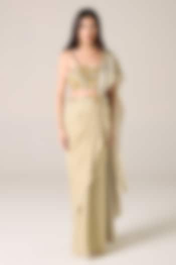 Gold Silk Blend Shimmer Georgette Embroidered Draped Wedding Saree Set by RCKC AURUM at Pernia's Pop Up Shop