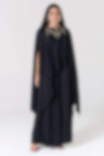 Black Silk Blend Satin Embellished Cape Set by RCKC AURUM at Pernia's Pop Up Shop