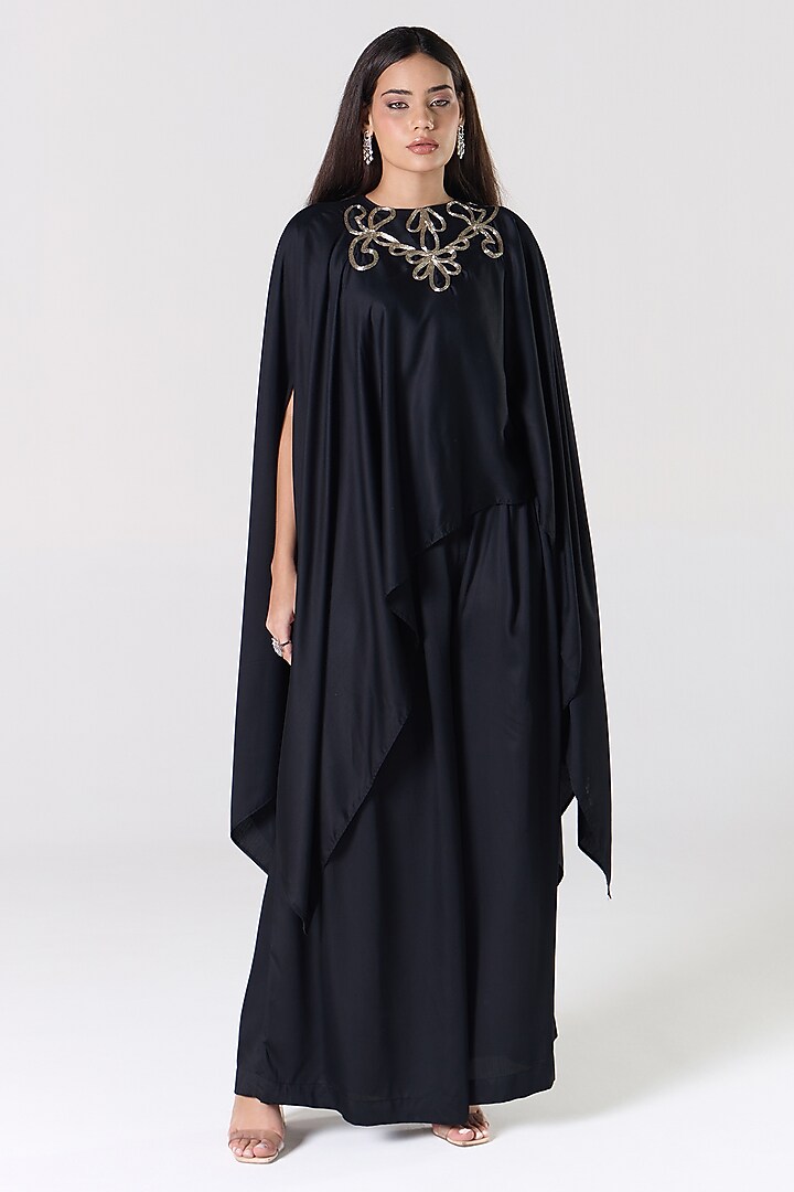 Black Silk Blend Satin Embellished Cape Set by RCKC AURUM at Pernia's Pop Up Shop