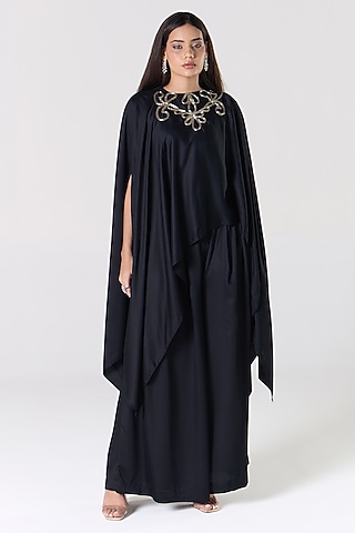Black Silk Blend Satin Embellished Cape Set by RCKC AURUM
