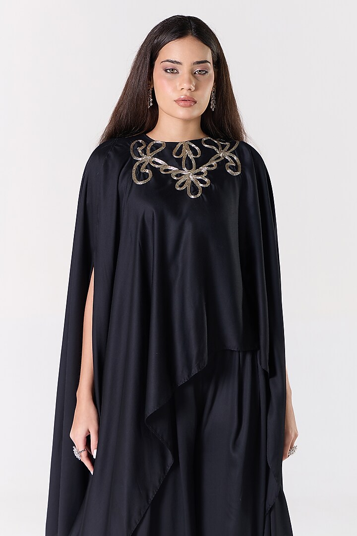 Black Silk Blend Satin Embellished Cape Set by RCKC AURUM at Pernia's Pop Up Shop