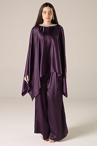 Purple Silk Blend Satin Embellished Cape Set by RCKC AURUM