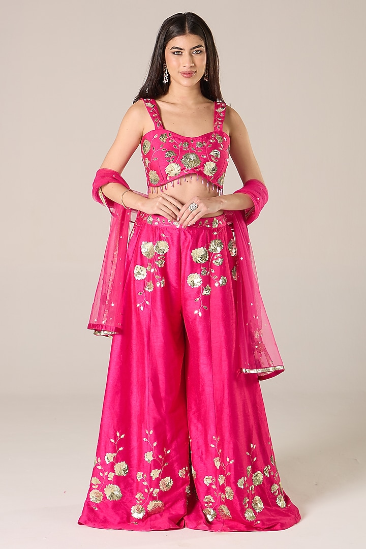Pink Raw Silk Embroidered Palazzo Set by RCKC AURUM at Pernia's Pop Up Shop