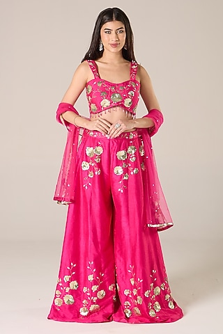 Pink Raw Silk Embroidered Palazzo Set by RCKC AURUM