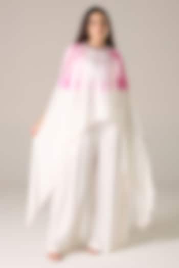 Ivory & Pink Modal Satin Embroidered Tie-Dye Cape Set by RCKC AURUM at Pernia's Pop Up Shop