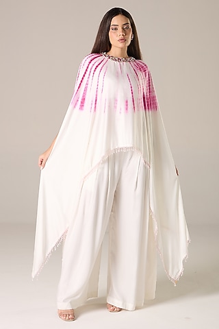 Ivory & Pink Modal Satin Embroidered Tie-Dye Cape Set by RCKC AURUM