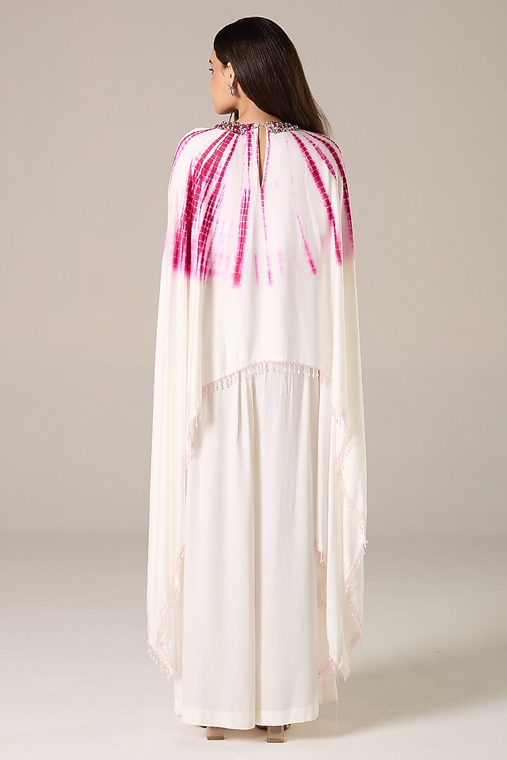 Ivory & Pink Modal Satin Embroidered Tie-Dye Cape Set by RCKC AURUM at Pernia's Pop Up Shop