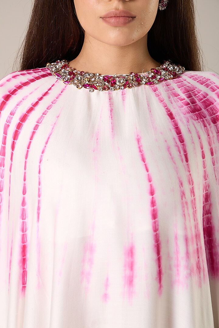 Ivory & Pink Modal Satin Embroidered Tie-Dye Cape Set by RCKC AURUM at Pernia's Pop Up Shop