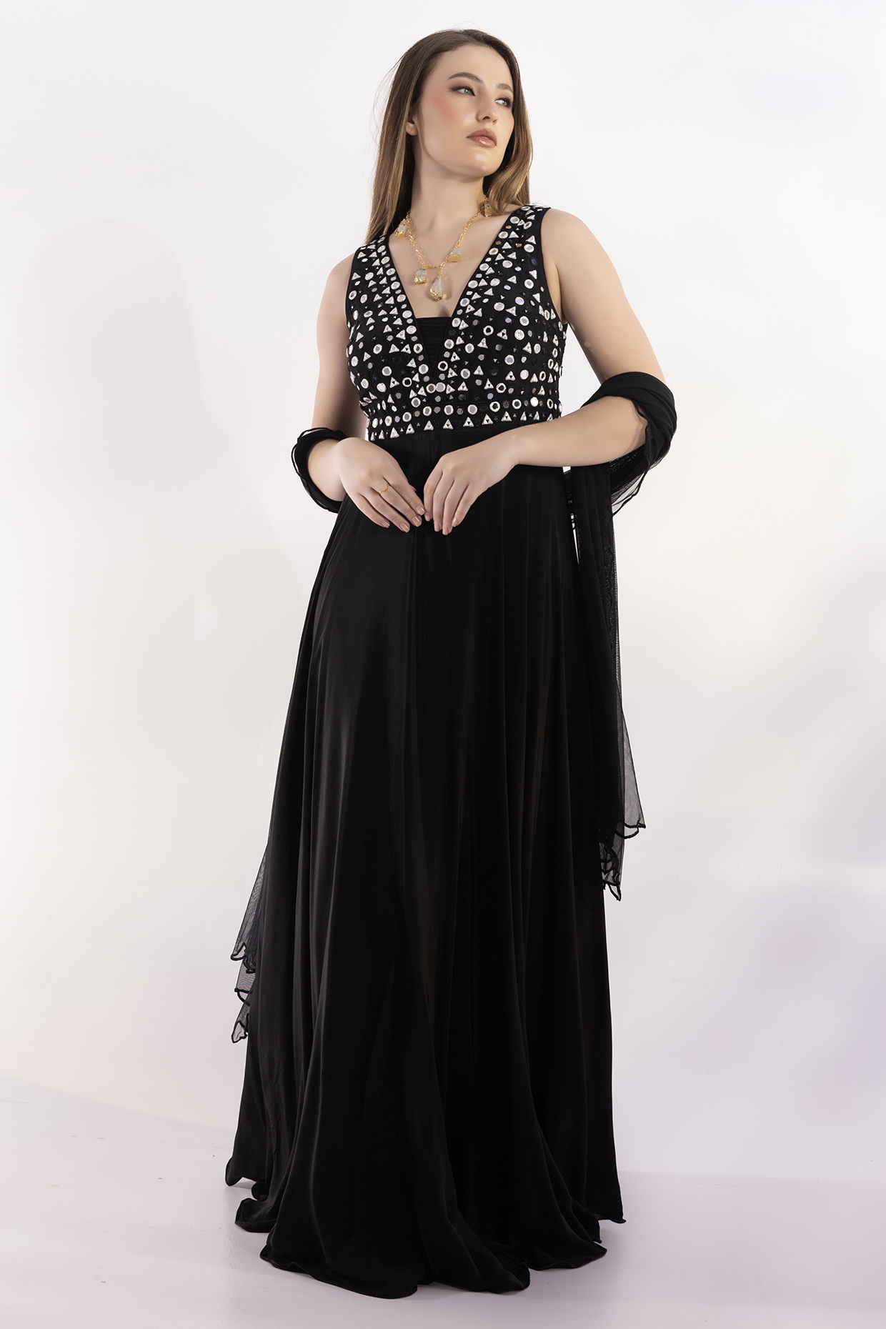 Black Georgette Mirror Embroidered Party Wear Anarkali Set by RCKC AURUM at Pernia's Pop Up Shop