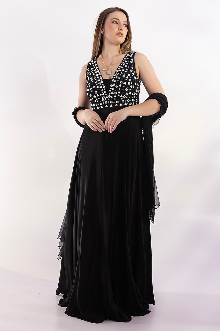 Black Georgette Mirror Embroidered Party Wear Anarkali Set by RCKC AURUM at Pernia's Pop Up Shop