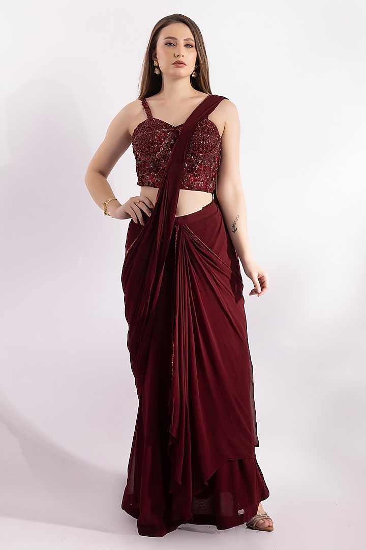 Wine Silk Georgette Blend Sequin Embellished Pre-Draped Saree Set by RCKC AURUM at Pernia's Pop Up Shop